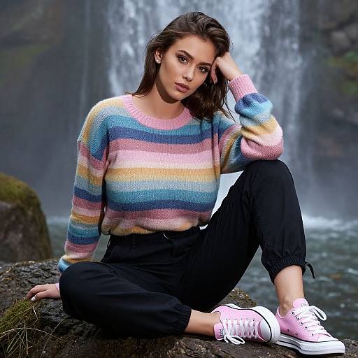 Young Woman in Colorful Sweater by Waterfall Outdoors