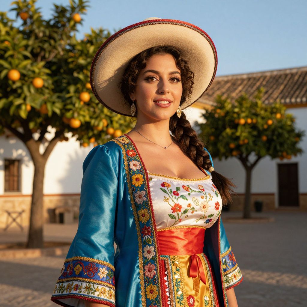 Woman in Traditional Spanish Costume in Orange Grove