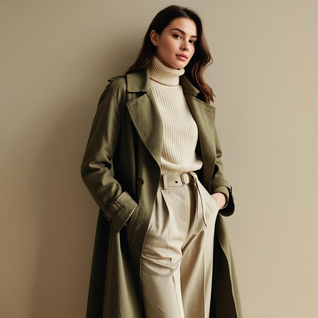 Elegant Woman in Olive Trench Coat and Cream Turtleneck Sweater Fashion Portrait