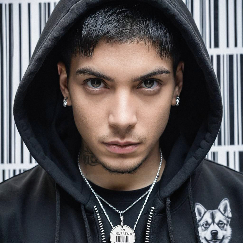 Young man in black hoodie against striped background Young man in black hoodie against striped background