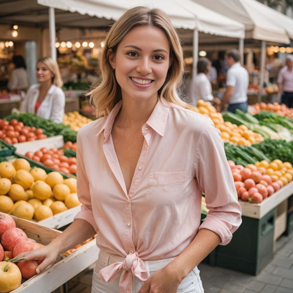 Smiling Woman at Vibrant Fruit Market