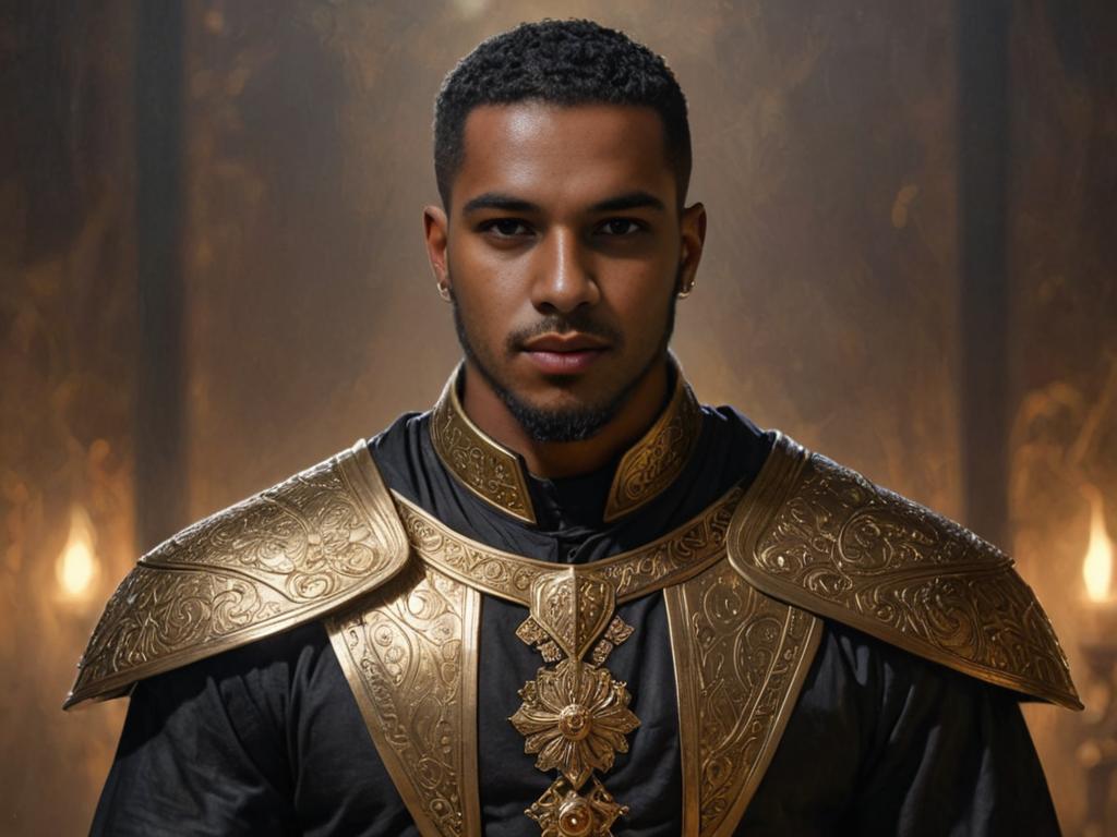 Handsome Black Young Male in Clerical Outfit with Golden Embroidery