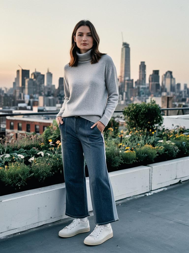 Urban Casual Fashion Woman on Rooftop with City Skyline Background