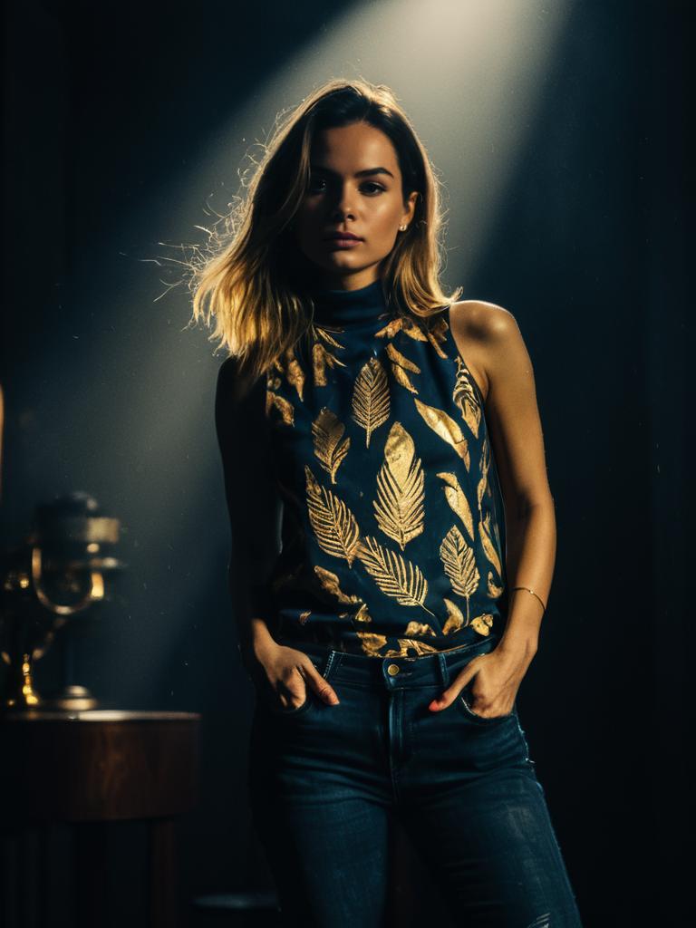 Woman Wearing Casual Sleeveless High Neck Top with Abstract Feather Print