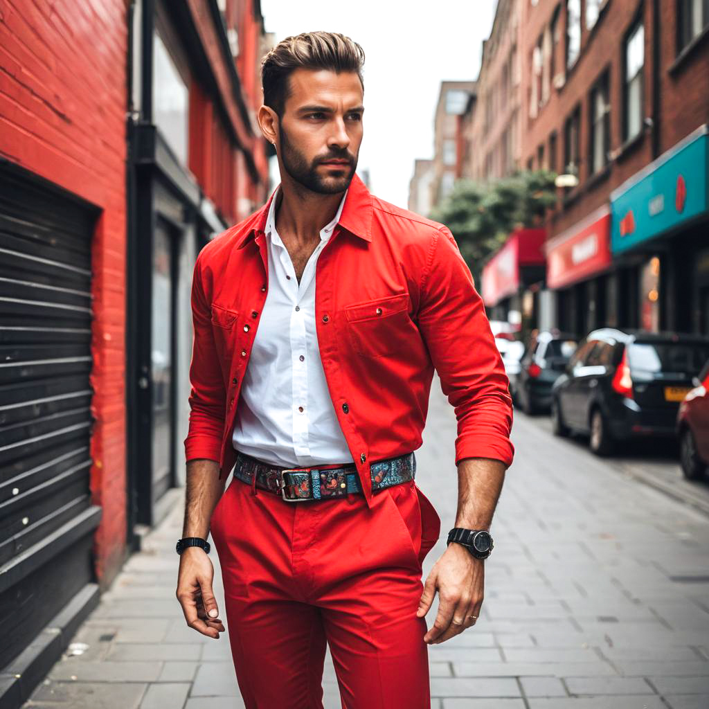 Stylish man in vibrant red outfit on city street