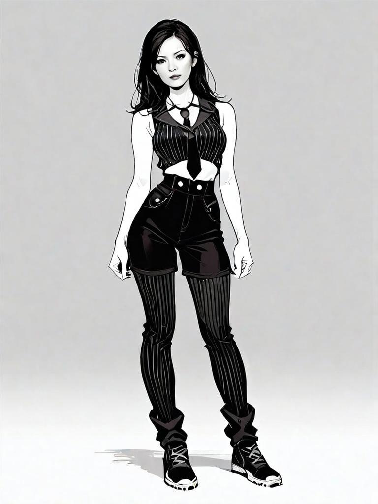 Realistic Comic Style Full Body Portrait of Woman in Pinstriped Casual Outfit
