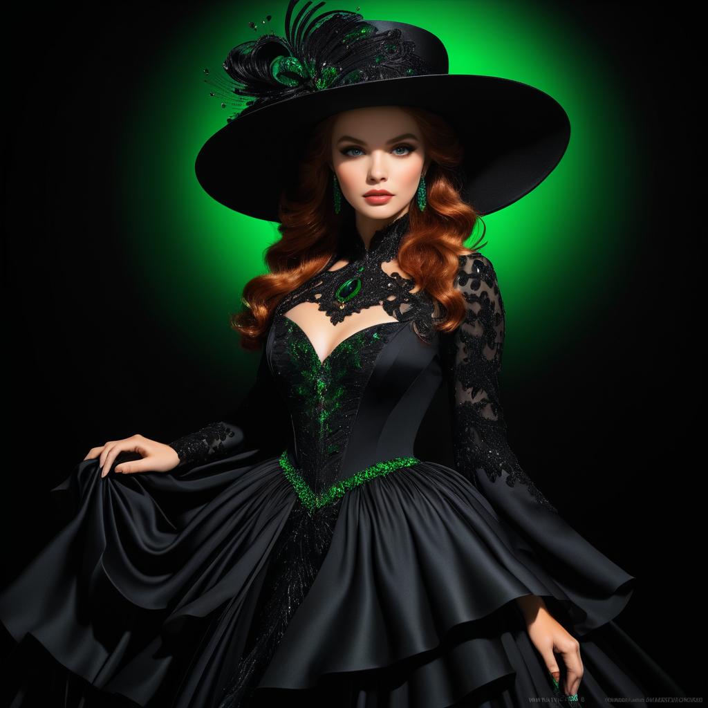 Elegant Woman in Black Gown with Green Details