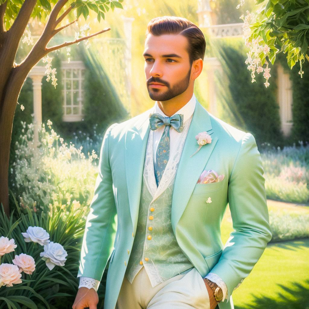 Stylish Man in Mint Green Suit in Garden