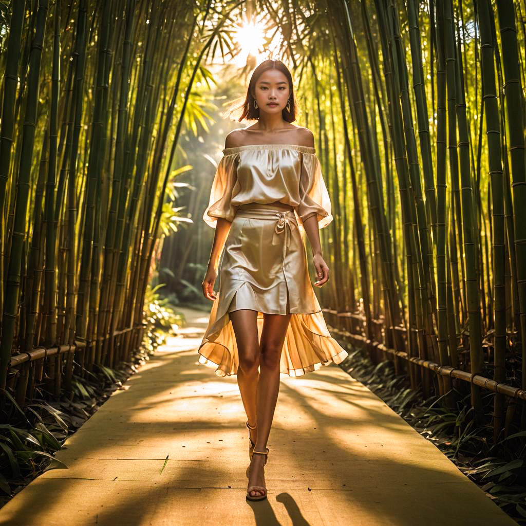 Woman in Golden Dress on Bamboo Pathway