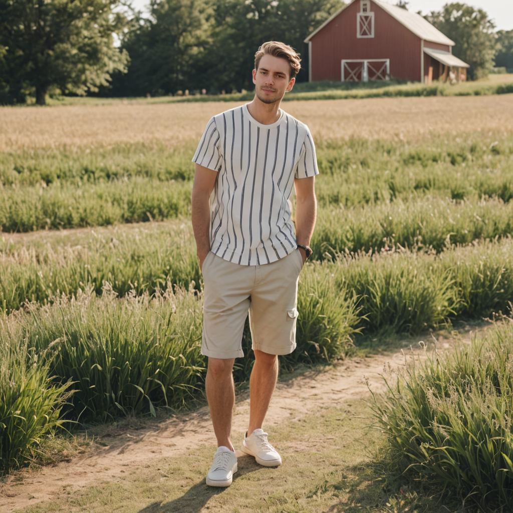 Man in Striped Shirt in Rustic Field