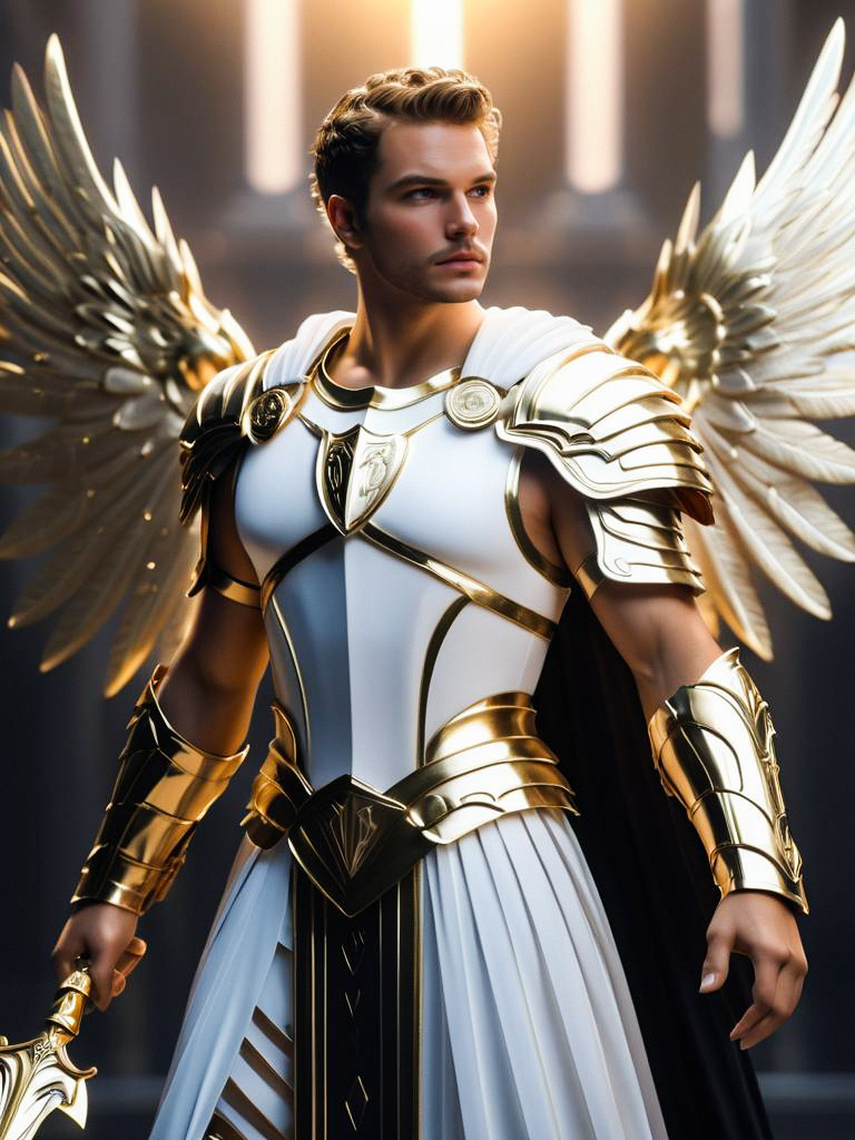 Androgynous Guardian in Ornate Armor with Angelic Wings Androgynous Guardian in Ornate Armor with Angelic Wings