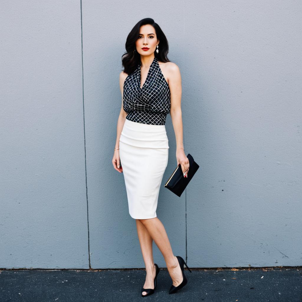Elegant Woman in Black Sleeveless Halter Top and White Pencil Skirt