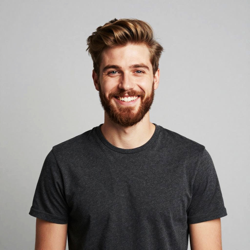 Portrait of Smiling Young Man with Beard Wearing Gray T-Shirt