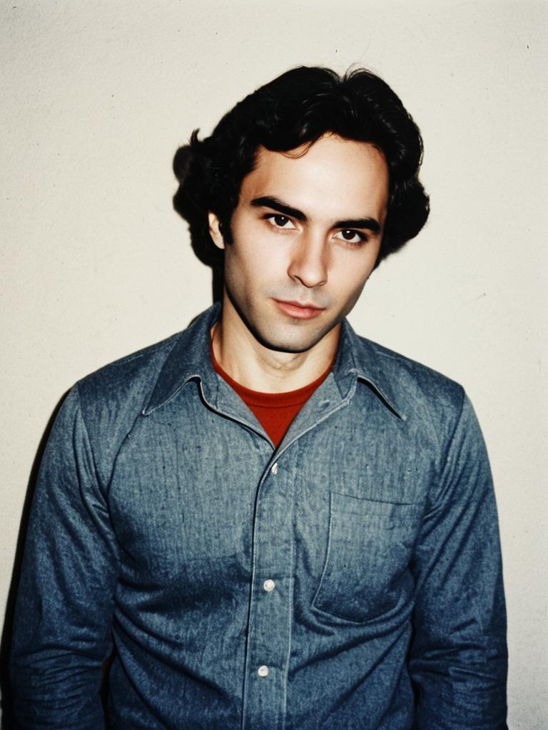 Young Man in 1970s Style Denim Shirt Ted Bundy Costume Portrait