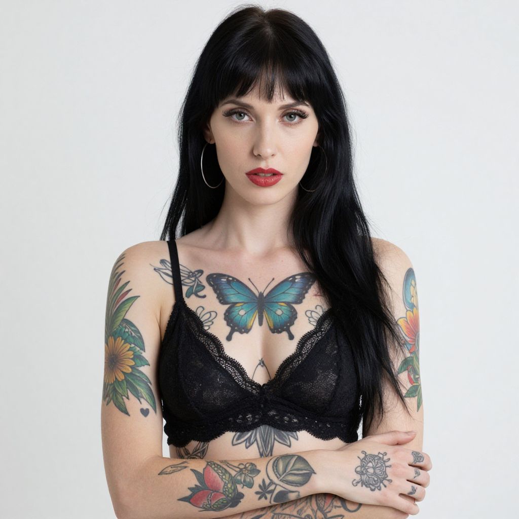 Confident Woman with Colorful Tattoos in Black Lace Bralette