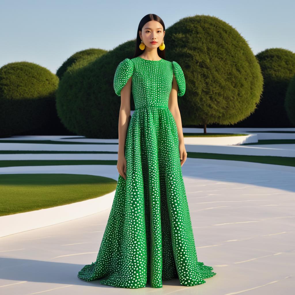 Model in Green Polka Dot Gown with Puff Sleeves