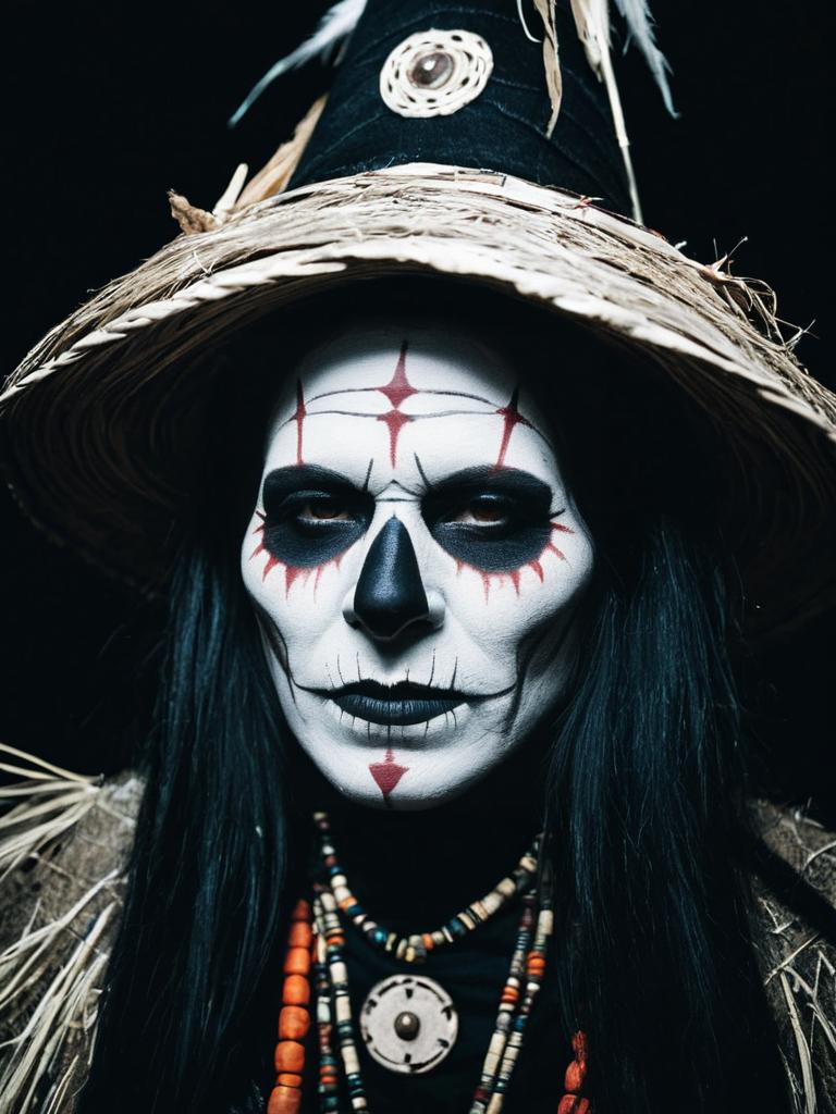 Woman in Witch Doctor Costume with Tribal Face Paint and Tall Straw Hat