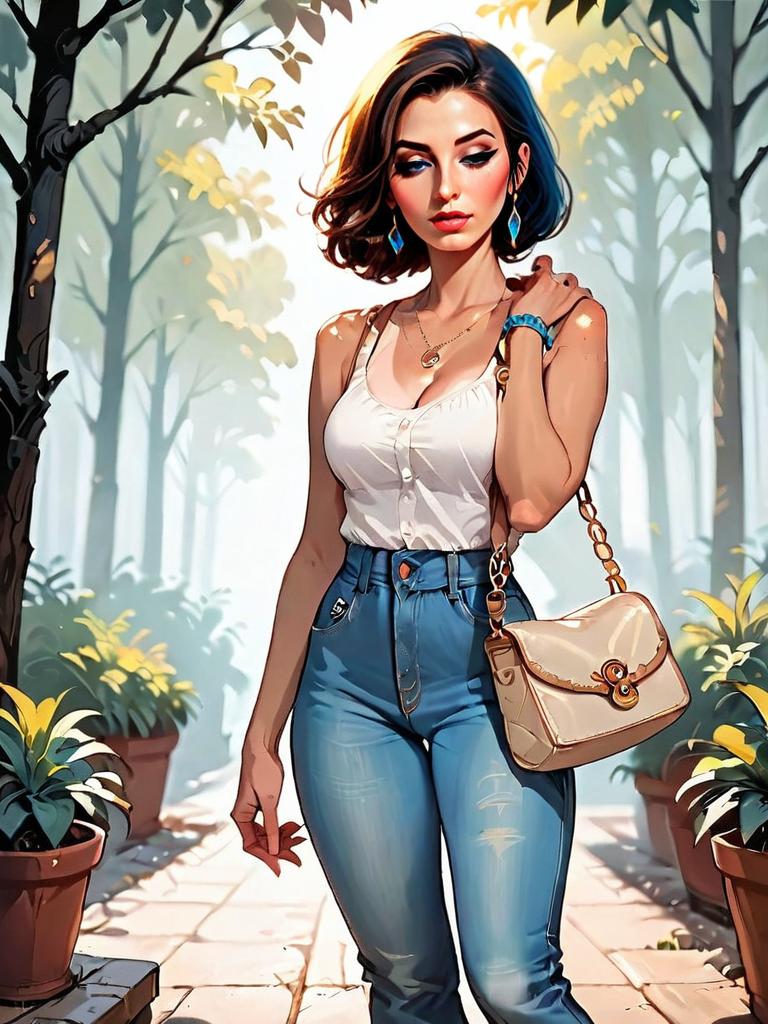 Realistic Comic Style Portrait of Woman in Casual Outfit Walking Outdoors