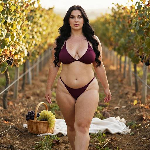 Burgundy Bikini Woman Walking in Vineyard with Grapes Basket