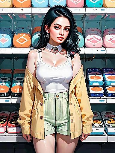 Stylish Woman in Casual Outfit Digital Art Illustration with Colorful Background