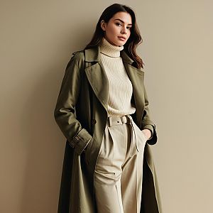 Elegant Woman in Olive Trench Coat and Cream Turtleneck Sweater Fashion Portrait