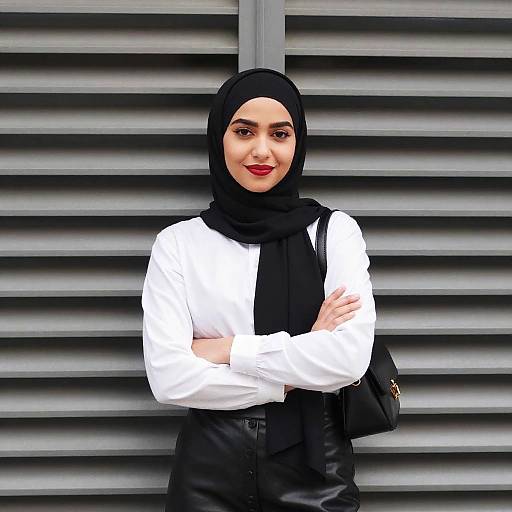 Confident Young Woman in Black Hijab and White Blouse Standing Against Modern Metal Background