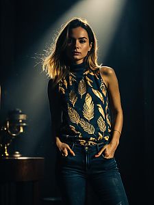 Woman Wearing Casual Sleeveless High Neck Top with Abstract Feather Print