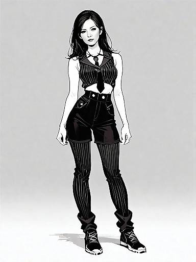Realistic Comic Style Full Body Portrait of Woman in Pinstriped Casual Outfit