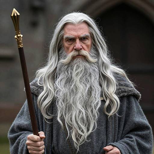 Gandalf Cosplay Man with Long White Beard and Mustache Holding Staff