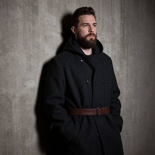 Man in Dark Wool Coat with Brown Belt Against Concrete Wall