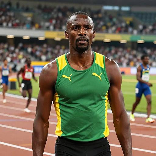 Male Sprinter in Green Yellow Puma Singlet on Track during Race