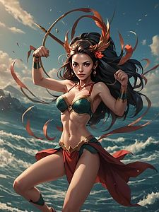 Fierce Woman Warrior Against Stormy Ocean