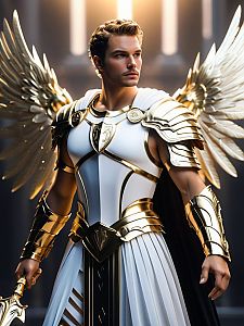 Androgynous Guardian in Ornate Armor with Angelic Wings