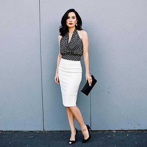 Elegant Woman in Black Sleeveless Halter Top and White Pencil Skirt