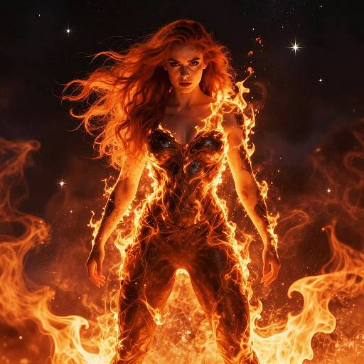 Fiery Woman with Flowing Red Hair Surrounded by Flames