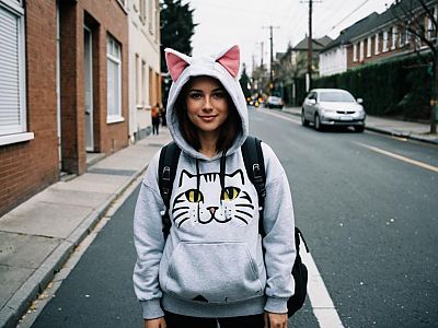 Woman Wearing Grey Kitty Costume Hoodie with Cat Ears on Urban Street