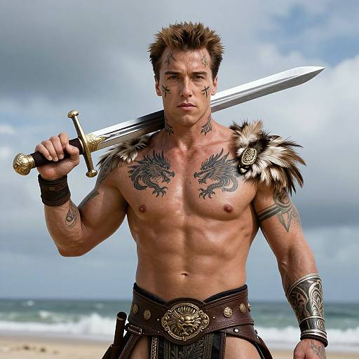 Warrior Man with Dragon Tattoos and Sword on Beach