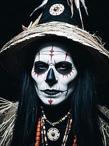 Woman in Witch Doctor Costume with Tribal Face Paint and Tall Straw Hat