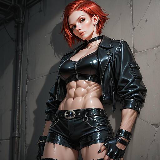 Dark Illustrious Woman in Black Leather Outfit Digital Illustration