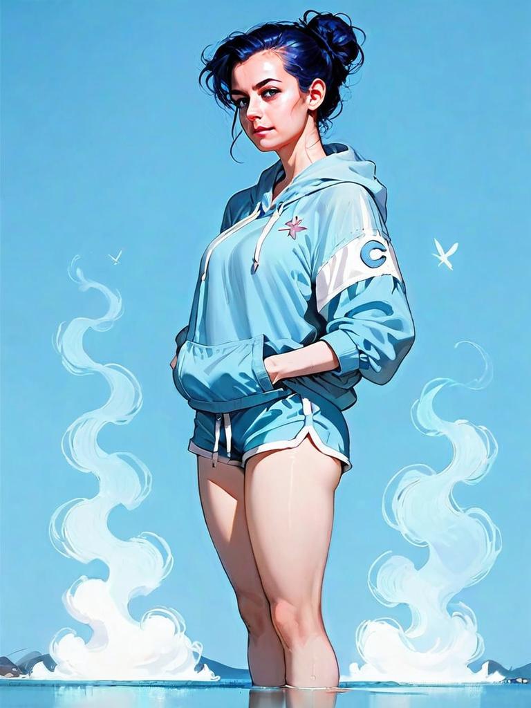 Young Woman in Blue Hoodie Standing in Water with Mist - Digital Fantasy Artwork