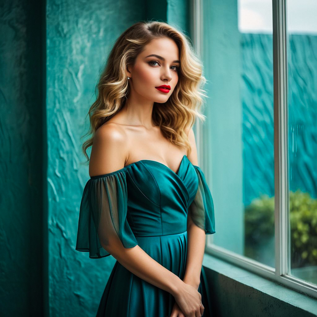 Elegant Woman in Teal Dress by Window