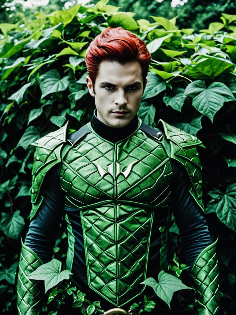 Man in Poison Ivy Cosplay Waist Up Editorial Portrait Photorealistic