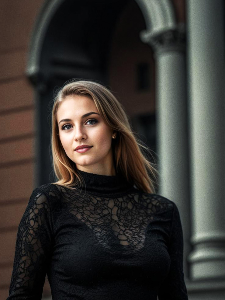 Confident Woman in Lace Top by Elegant Building