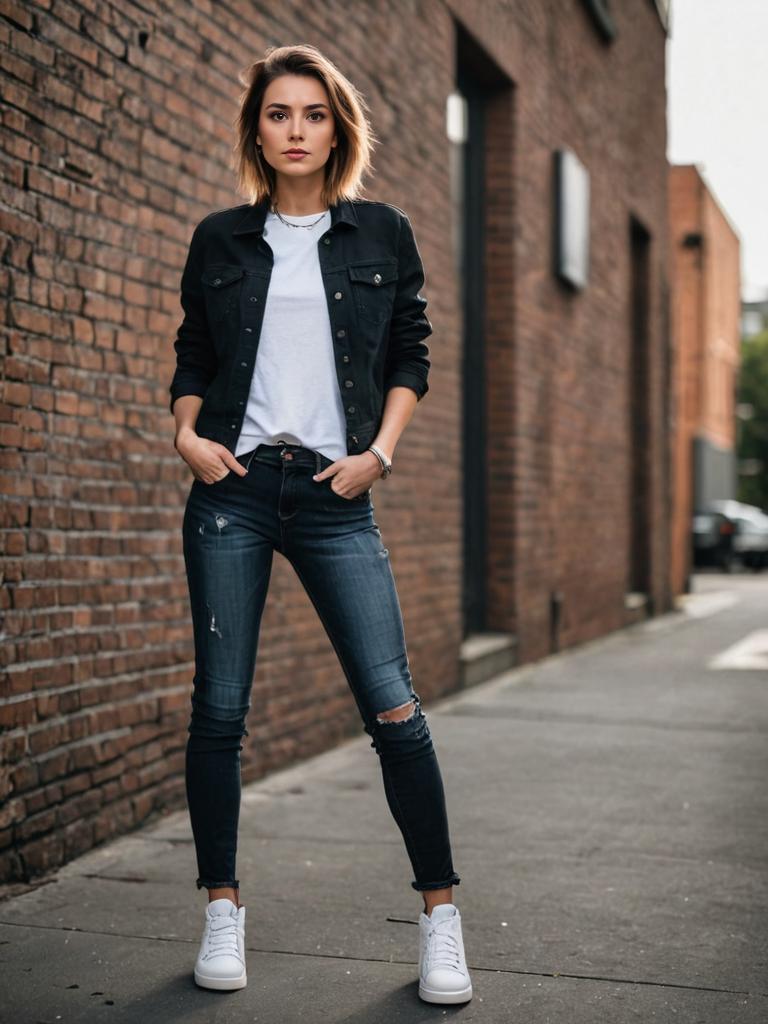 Stylish individual in skinny jeans, white shirt, and black jacket