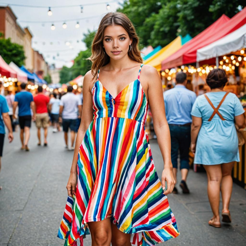 Woman in Multicolored Striped Dress at Street Fair