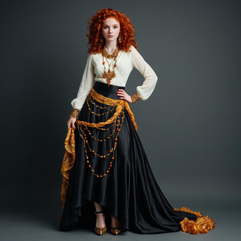 Elegant Red-Haired Woman in Vintage Black and Gold Flowing Gown