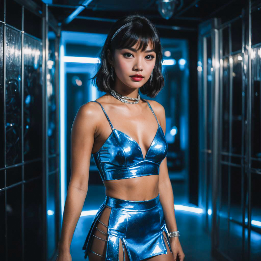 Futuristic Woman in Shiny Metallic Blue Outfit with Chain Details