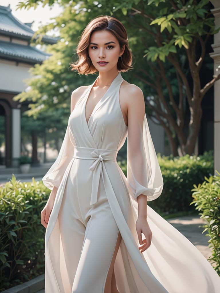 Elegant Woman in White Gown Surrounded by Lush Greenery