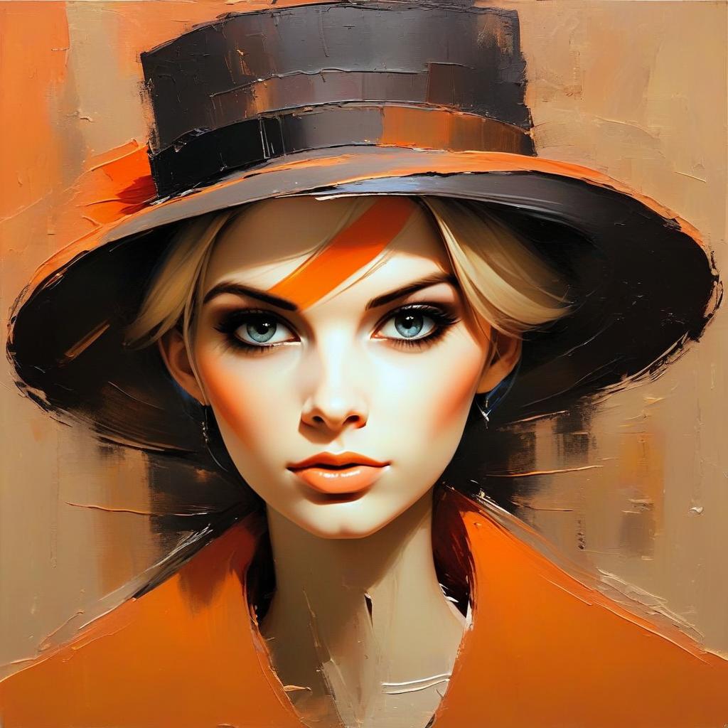 Digital Portrait of Woman Wearing Black Hat and Orange Coat in Painterly Style