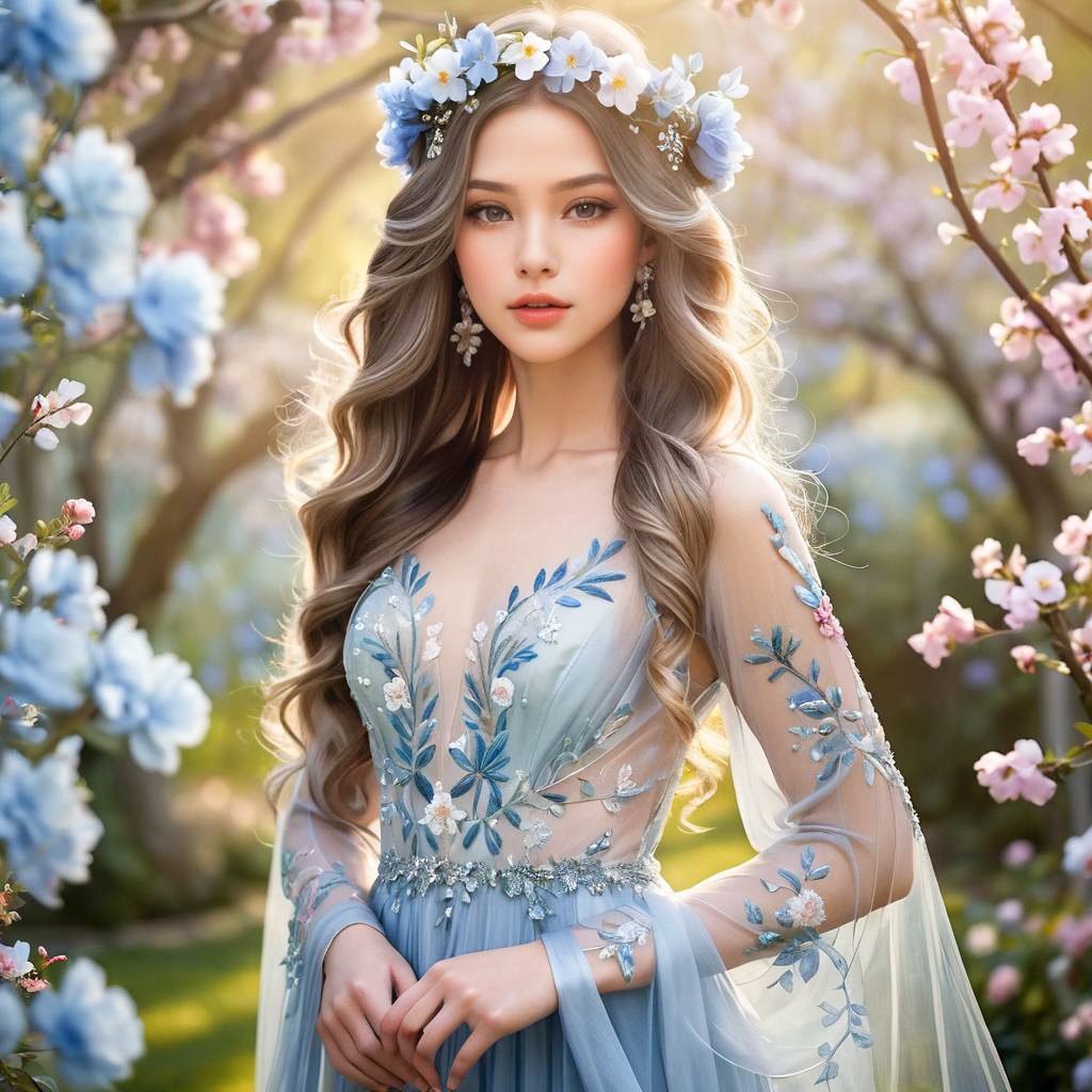 Graceful Woman in Blooming Orchard